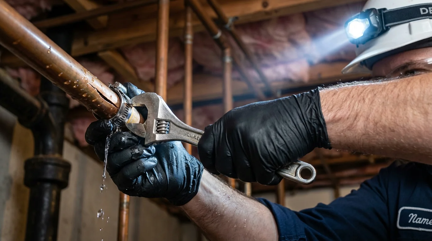 Emergency pipe clamp repair being performed by a Johns Plumbing LLC plumber in Knoxville