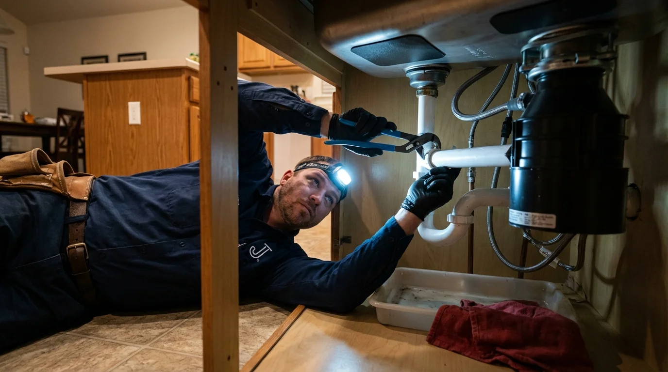 P-trap and supply line connections under a kitchen sink showing a common leak point in Knoxville, TN